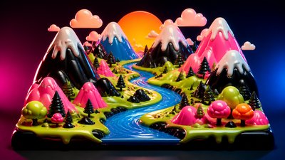 a vast valley with a river winding toward distant mountains at sunrise, no people, no text