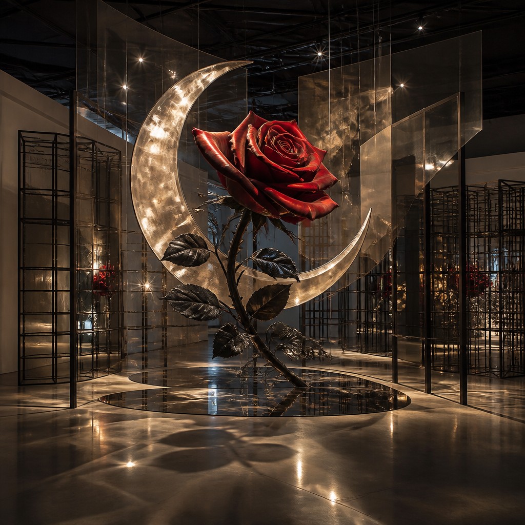 a rose entwined with a crescent moon, clean balanced composition on a plain background, no text