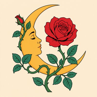 a rose entwined with a crescent moon, clean balanced composition on a plain background, no text