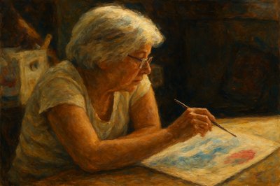a painting of a woman writing on a piece of paper