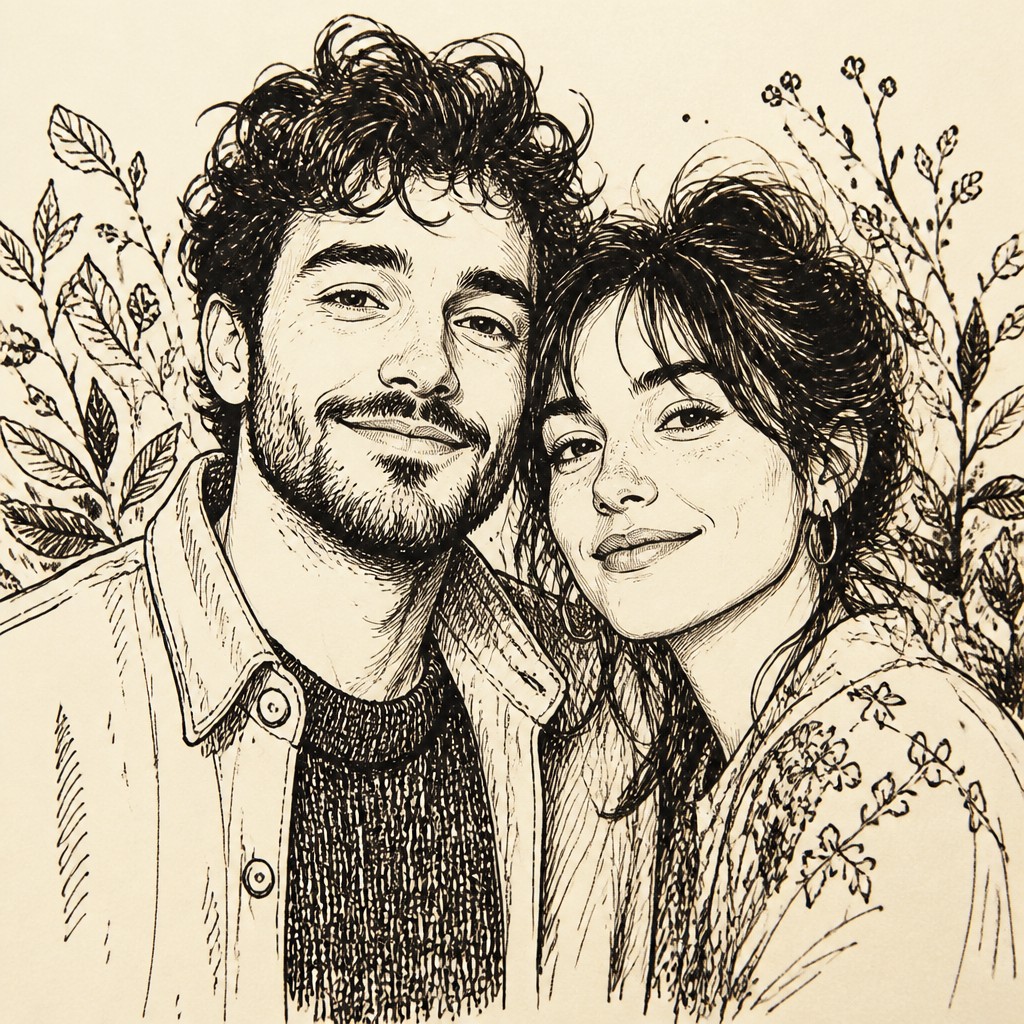 portrait of two people together — Pen and Ink Drawing Style