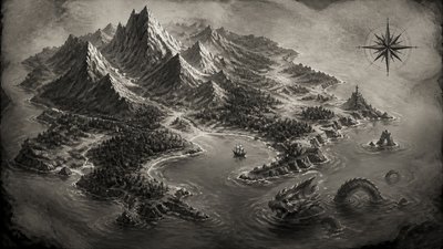 a map of an island realm with mountains, forests, a sheltered bay, sea monsters in the water and a compass rose, no text labels