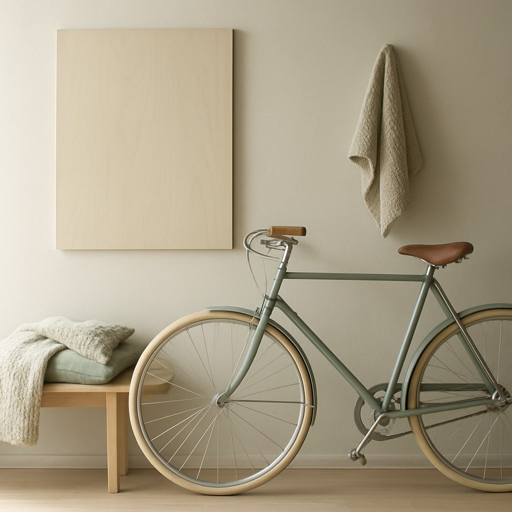 bicyle resting against a wall