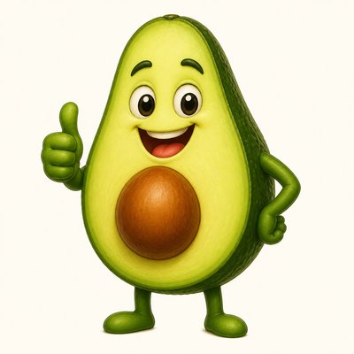 a happy avocado character giving a thumbs up, bold readable design on a plain background, no text