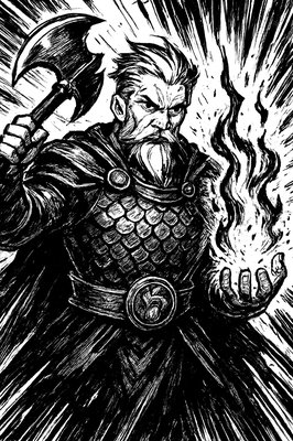 a black and white drawing of a man holding a hammer