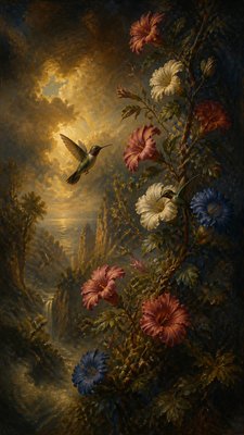 a climbing vine of flowers and hummingbirds on a dark background, tall wrapping composition, no text