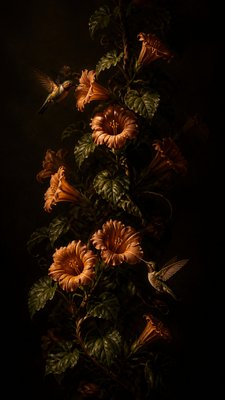 a climbing vine of flowers and hummingbirds on a dark background, tall wrapping composition, no text