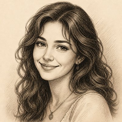 head-and-shoulders portrait of an original character: a young woman with wavy chestnut hair and a warm smile, plain soft backdrop