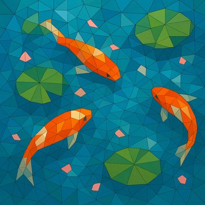 A koi pond seen from above, orange and white koi fish swimming among lily pads, clear water with subtle ripples, fallen cherry blossom petals floating on the surface, dappled sunlight