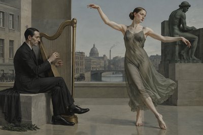 Orpheus playing the harp with Eurydike dancing