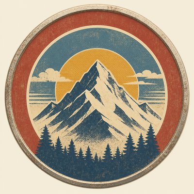 an emblem of a mountain peak inside a circle, simple bold shapes on a plain background, no text or lettering