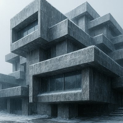 Siberian brutalist architecture, winter, large scale