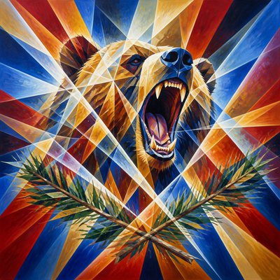 a roaring bear head above crossed pine branches, bold graphic composition on a plain background, no text