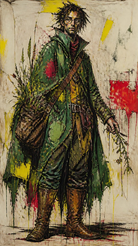 full-body original character: a wandering botanist with a satchel of plants, a patched green cloak, tall boots and round glasses, neutral background