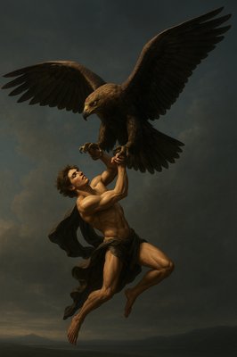 a painting of a man holding an eagle