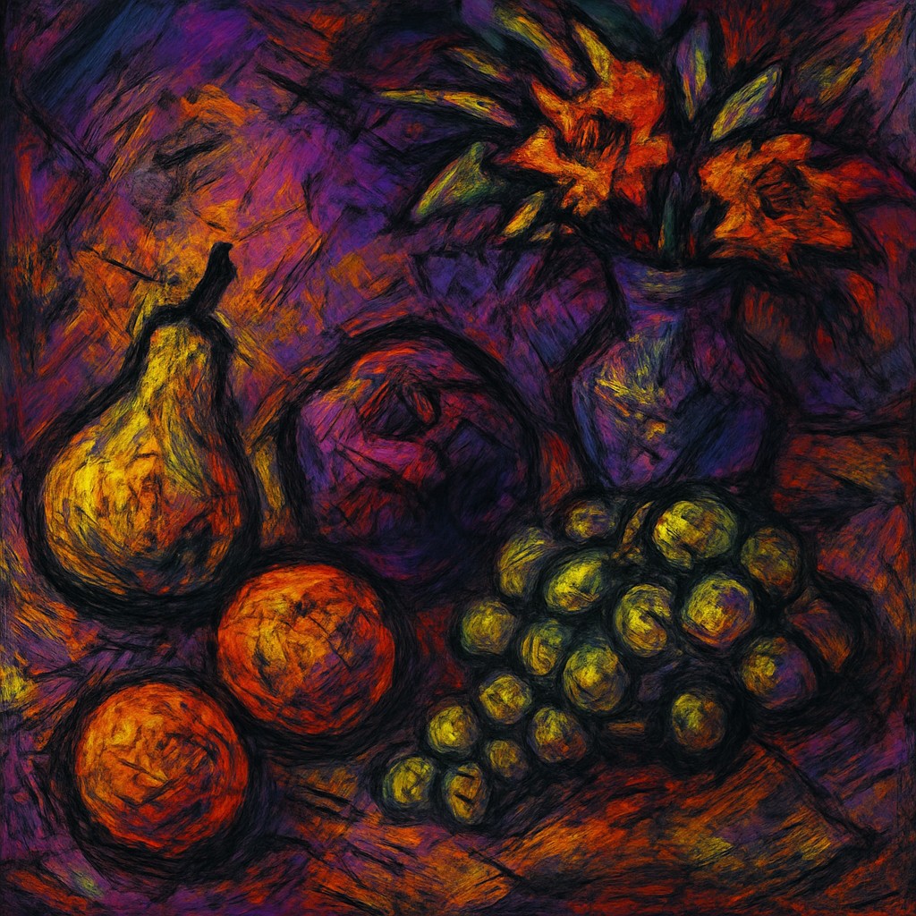 still life arrangement of fruits and flowers