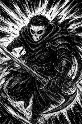 a black and white drawing of a person with a sword