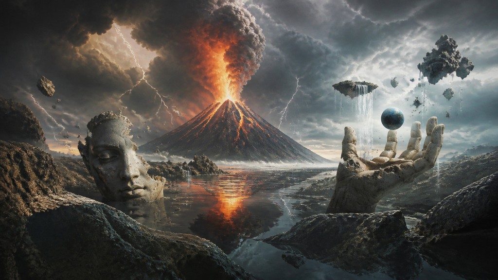 an erupting volcano with lightning strikes, dramatic wide composition, no text