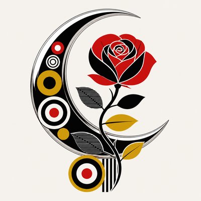 a rose entwined with a crescent moon, clean balanced composition on a plain background, no text