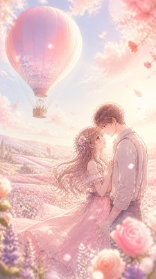 a hot air balloon drifting over rolling flower fields on a sunny day, cheerful, no text