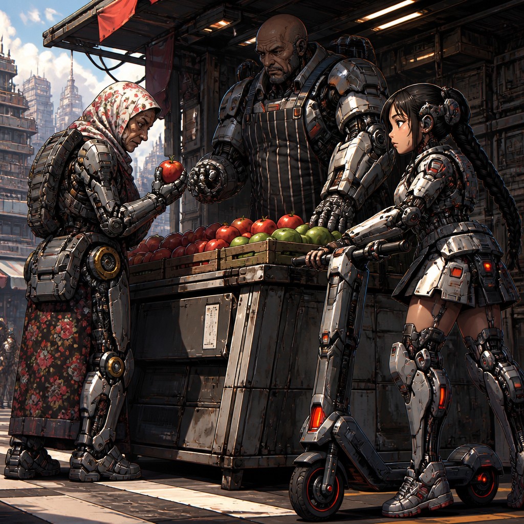 urban market street with three original figures: an elderly woman in a floral headscarf buying apples, a bald vendor in a striped apron behind a fruit stall, and a young girl with braided black hair pushing a scooter