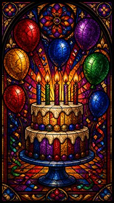 a birthday cake with lit candles surrounded by balloons and confetti, festive vertical composition, no text