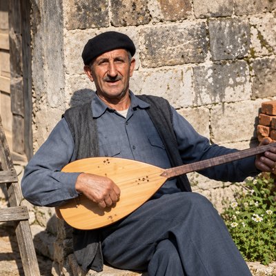 a man sitting on a step holding a wooden instrument