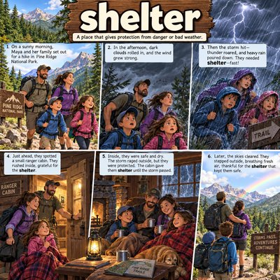 Please create a narrative for the spelling word "shelter". Please display the word prominently.