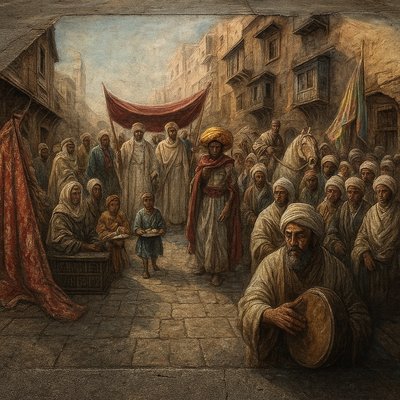 a painting of a group of people in a street