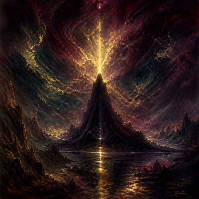 a painting of a mountain surrounded by clouds