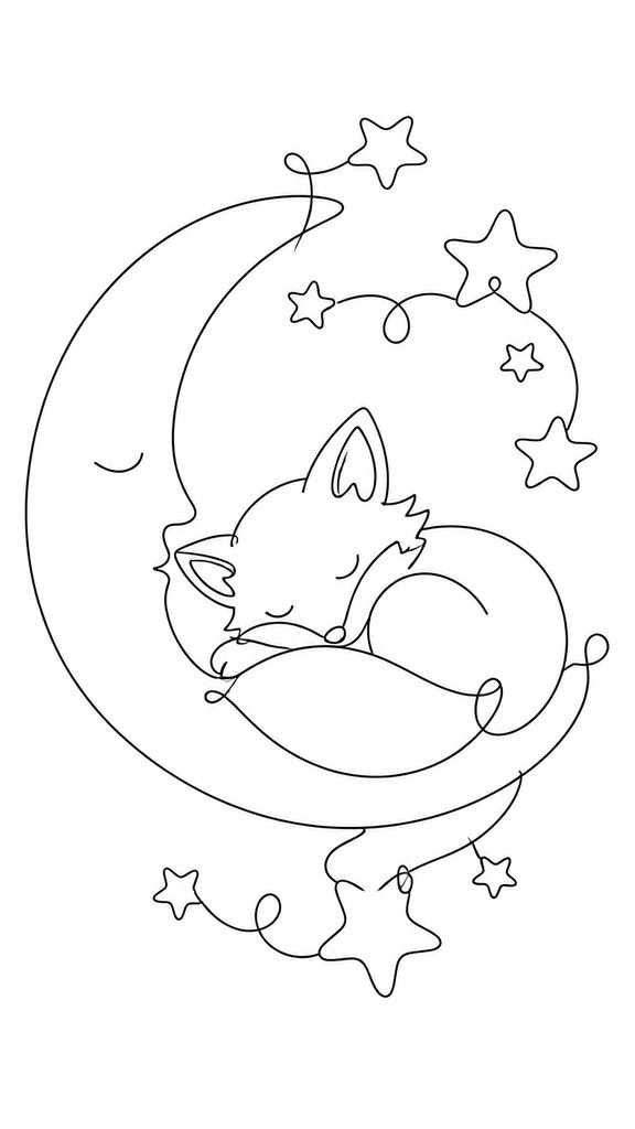 a sleeping baby fox curled on a crescent moon among soft stars, gentle and warm, no text