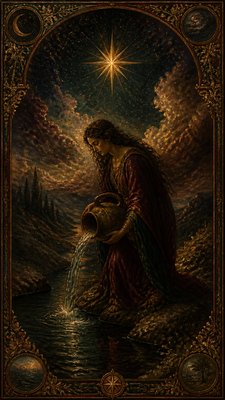 a robed figure pouring water beneath a large eight-pointed star in a night sky, symmetrical composition with an ornate decorative border, no text