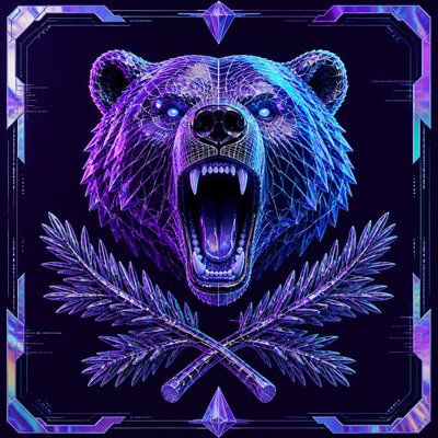 a roaring bear head above crossed pine branches, bold graphic composition on a plain background, no text