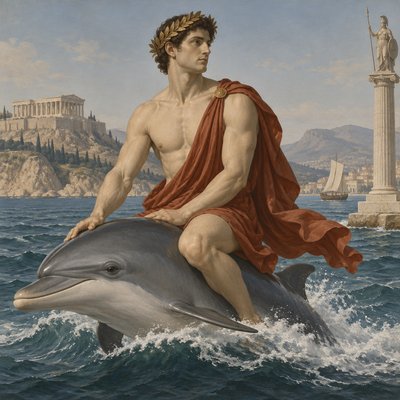 greek athlete riding a dolphin in the sea
