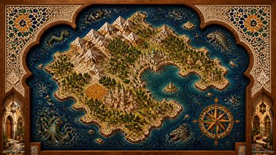 a map of an island realm with mountains, forests, a sheltered bay, sea monsters in the water and a compass rose, no text labels