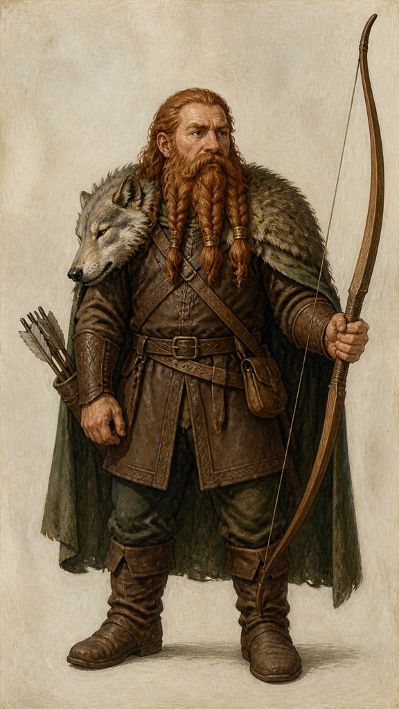full-body original character: a dwarven ranger with a braided auburn beard, worn leather armor, a longbow and a wolf-pelt cloak, neutral background, no text