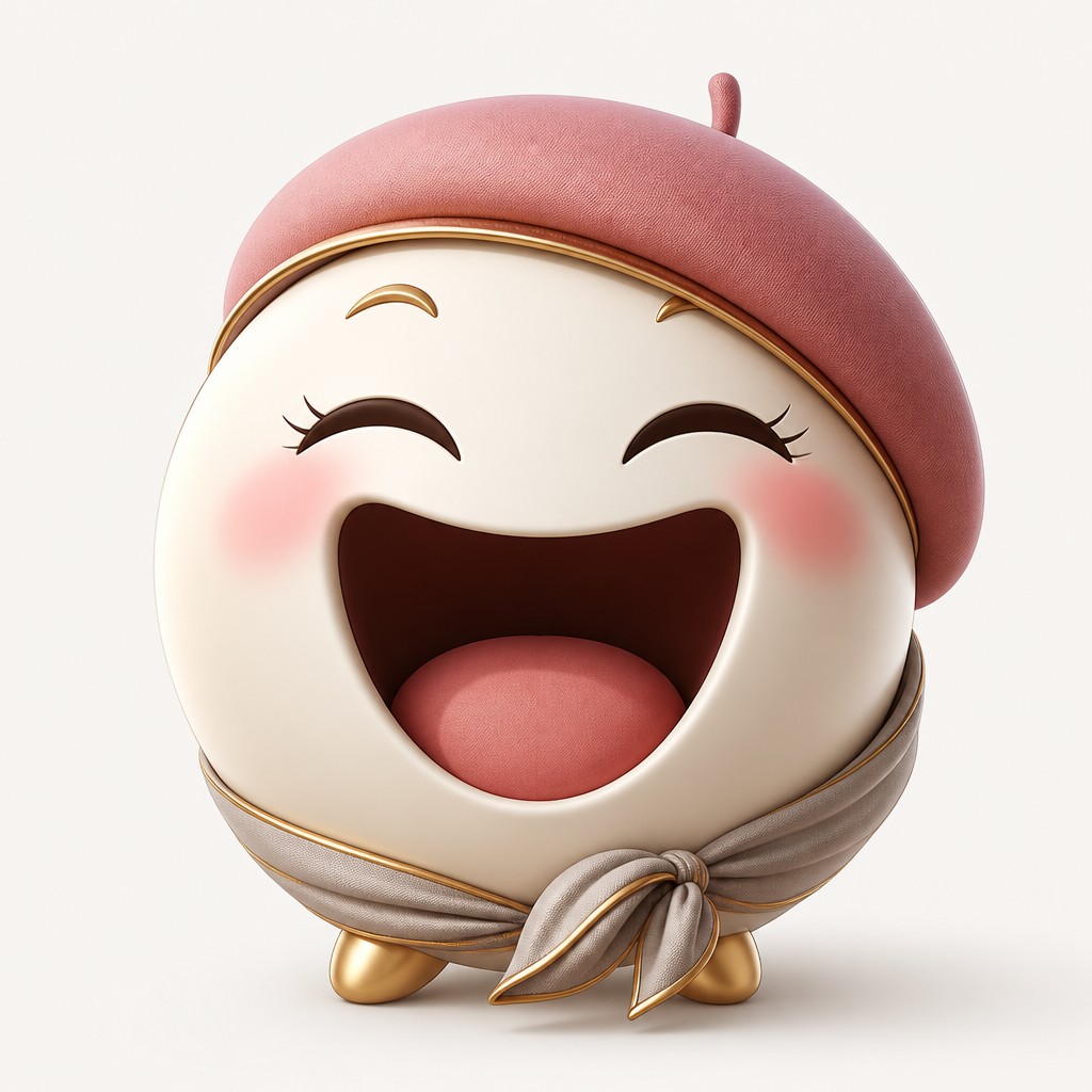 an exaggerated laughing face of an original round mascot character, bold and readable at small size, plain background, no text