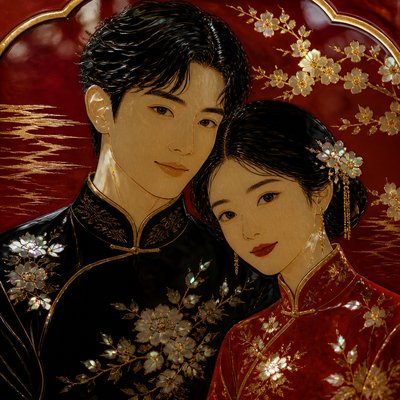 portrait of two people together — Lacquer Art Style