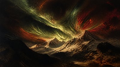 a flowing aurora over snowy peaks, wide sweeping composition, no people, no text