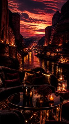a desert canyon under a dramatic sunset sky, no people