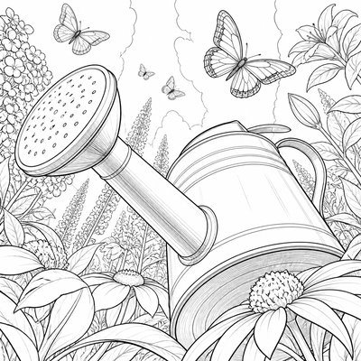 a garden scene with butterflies, flowers and a watering can, clean uncolored line art, no text