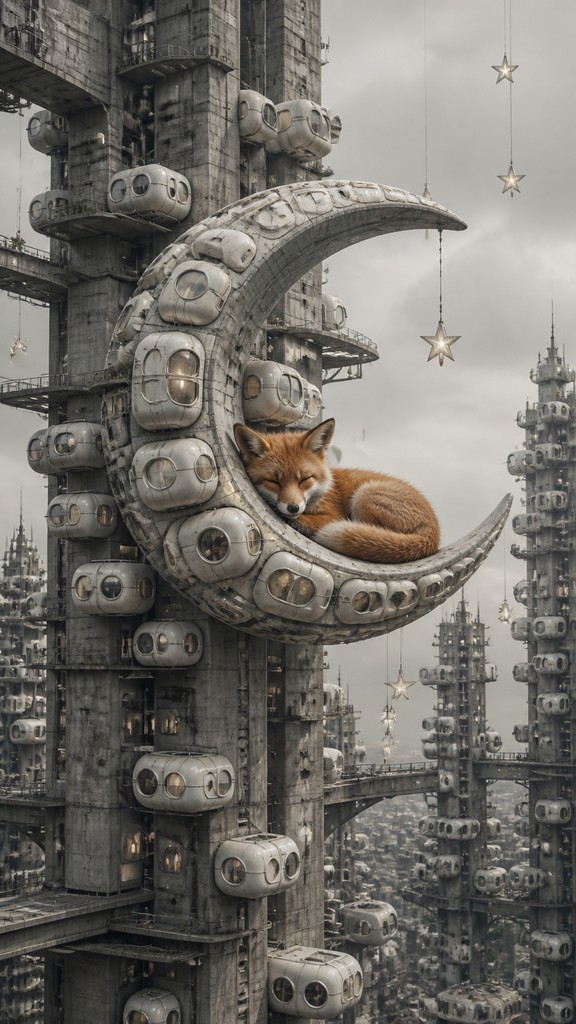 a sleeping baby fox curled on a crescent moon among soft stars, gentle and warm, no text