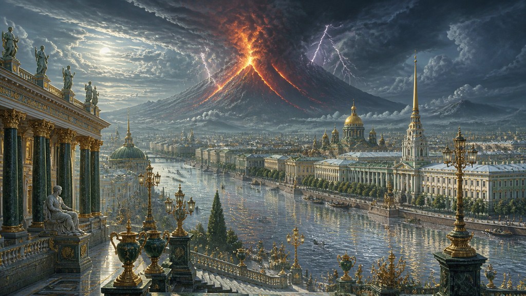 an erupting volcano with lightning strikes, dramatic wide composition, no text