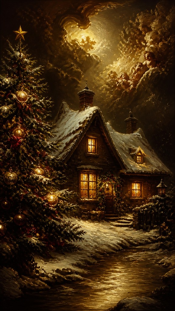 a snow-covered cottage with warm glowing windows beside a decorated pine tree, gentle snowfall, no text