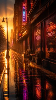 a quiet rainy city street at night reflecting neon signs, no people