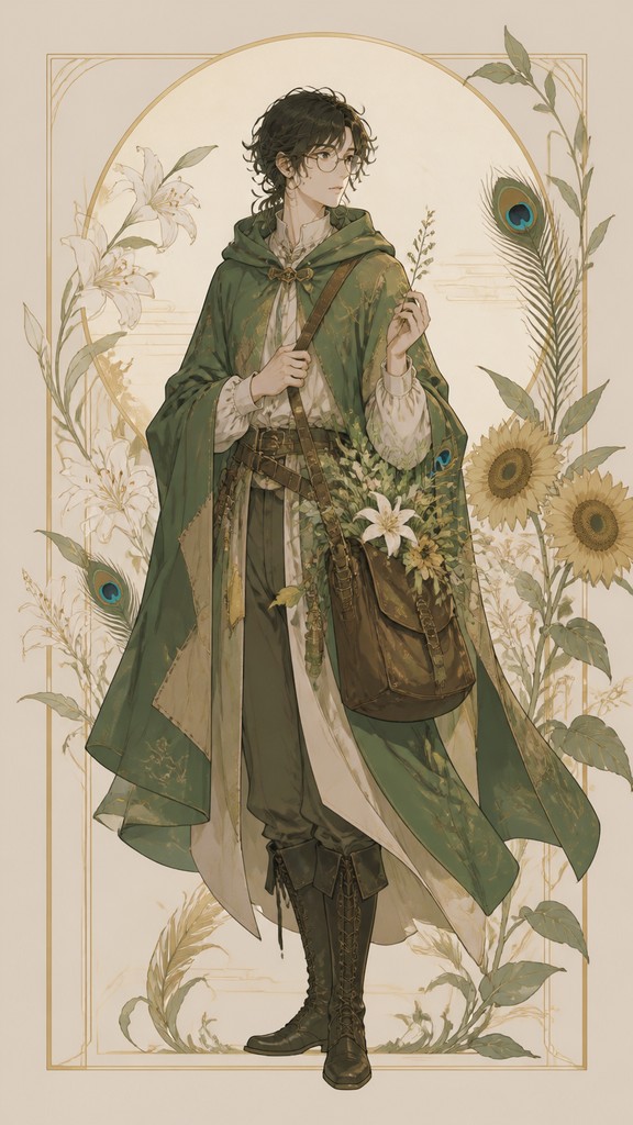 full-body original character: a wandering botanist with a satchel of plants, a patched green cloak, tall boots and round glasses, neutral background
