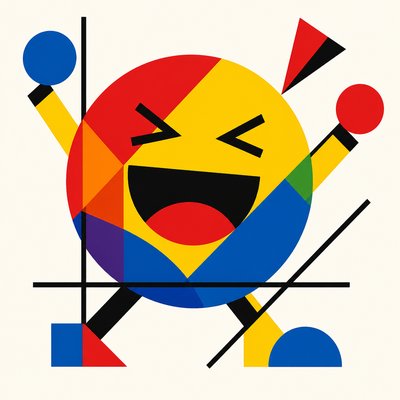 an exaggerated laughing face of an original round mascot character, bold and readable at small size, plain background, no text