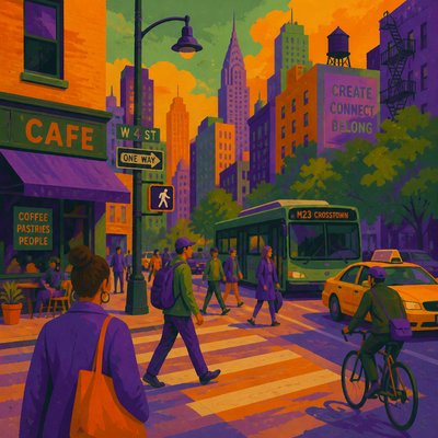 urban street with city activity — Secondary Colors Art Style