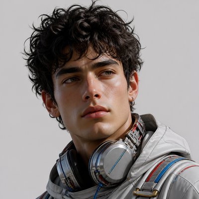 head-and-shoulders portrait of an original character: a young man with curly dark hair and headphones around his neck, plain backdrop, no text
