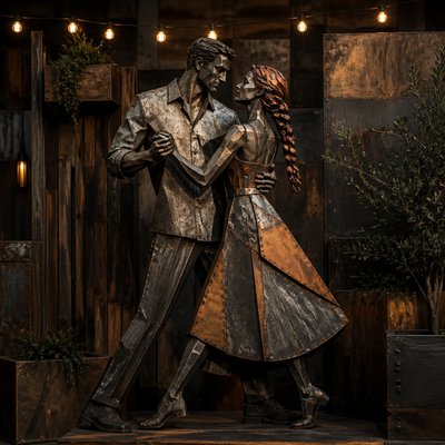 an original couple dancing under string lights in a garden at dusk: a man with short black hair in a linen shirt and a woman with braided red hair in a summer dress